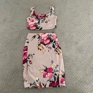 2 piece pink floral skirt set